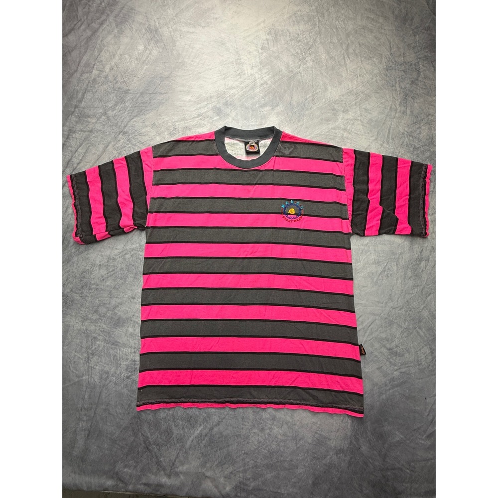 VTG 80s Mango Australia Striped T-Shirt mens L bright neon pink surf streetwear